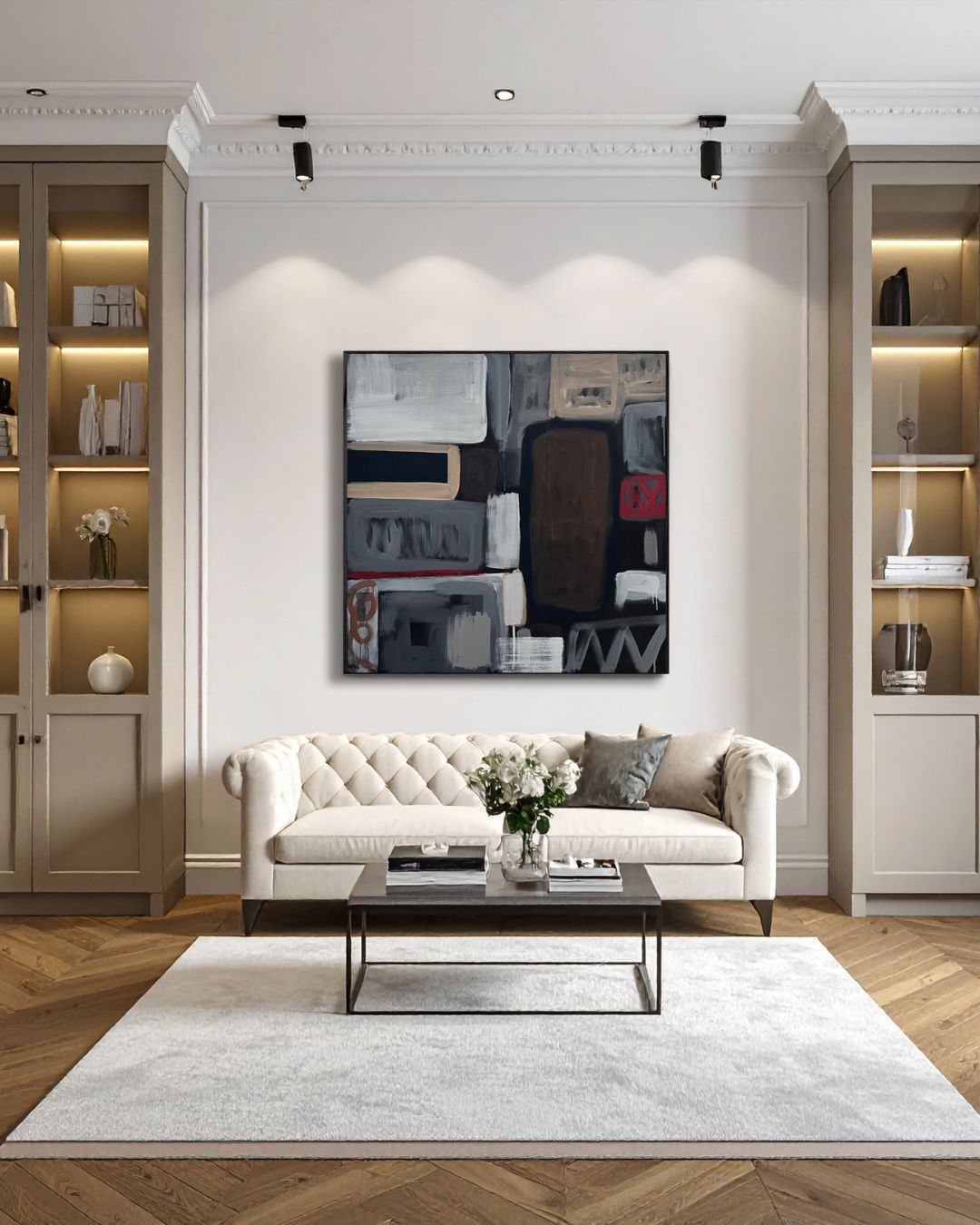 Large square abstract painting above a cream sofa in a classic living room